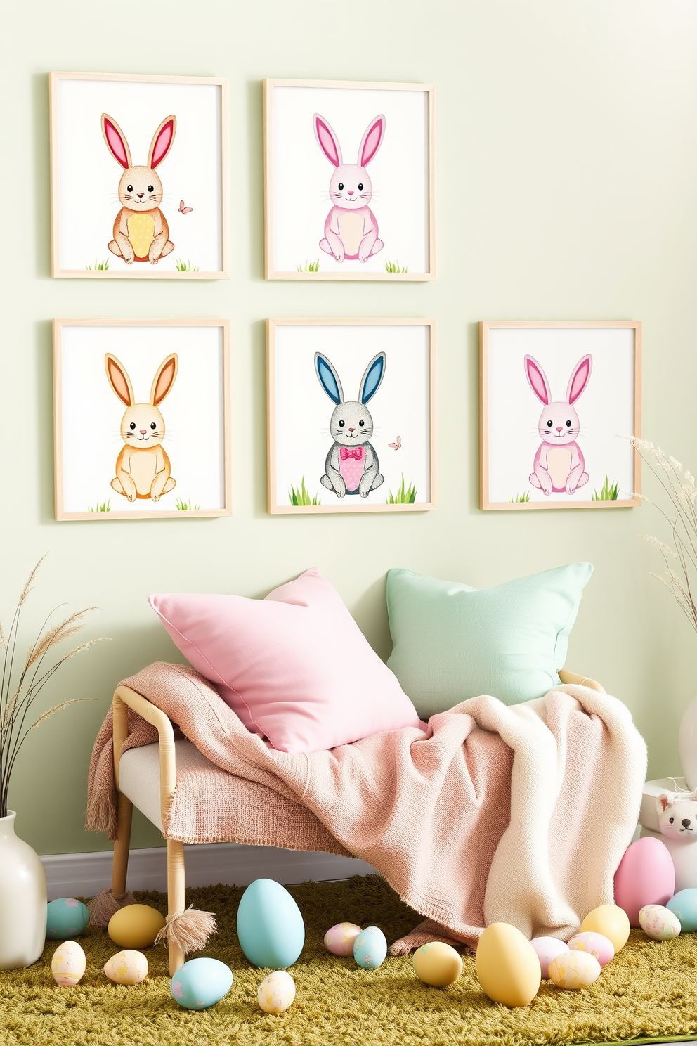 Whimsical bunny art prints adorn the walls, adding a playful touch to the space. The prints feature vibrant colors and charming designs that evoke the spirit of Easter. A cozy seating area is arranged with pastel-colored cushions and a soft throw blanket. Decorative Easter eggs in various sizes are scattered around, enhancing the festive ambiance.