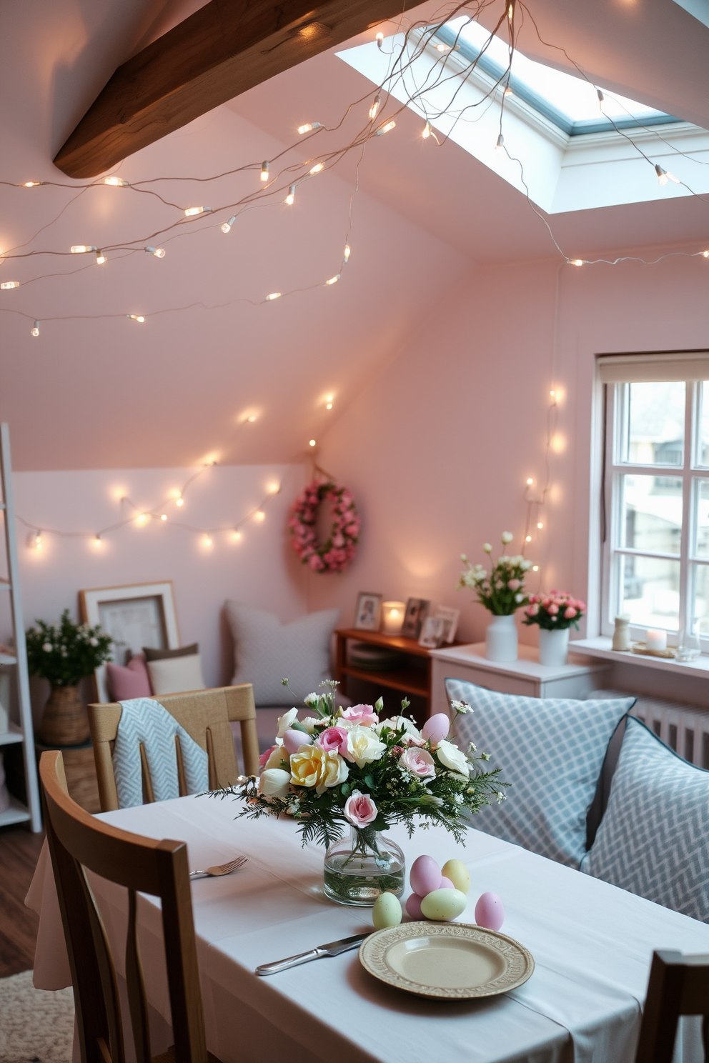 A cozy loft space adorned with soft lighting creates a warm and inviting atmosphere. Delicate string fairy lights are draped across the ceiling, illuminating the room with a gentle glow. Easter decorations in pastel colors are tastefully arranged throughout the space. A beautifully set table features a centerpiece of flowers and decorative eggs, enhancing the festive ambiance.