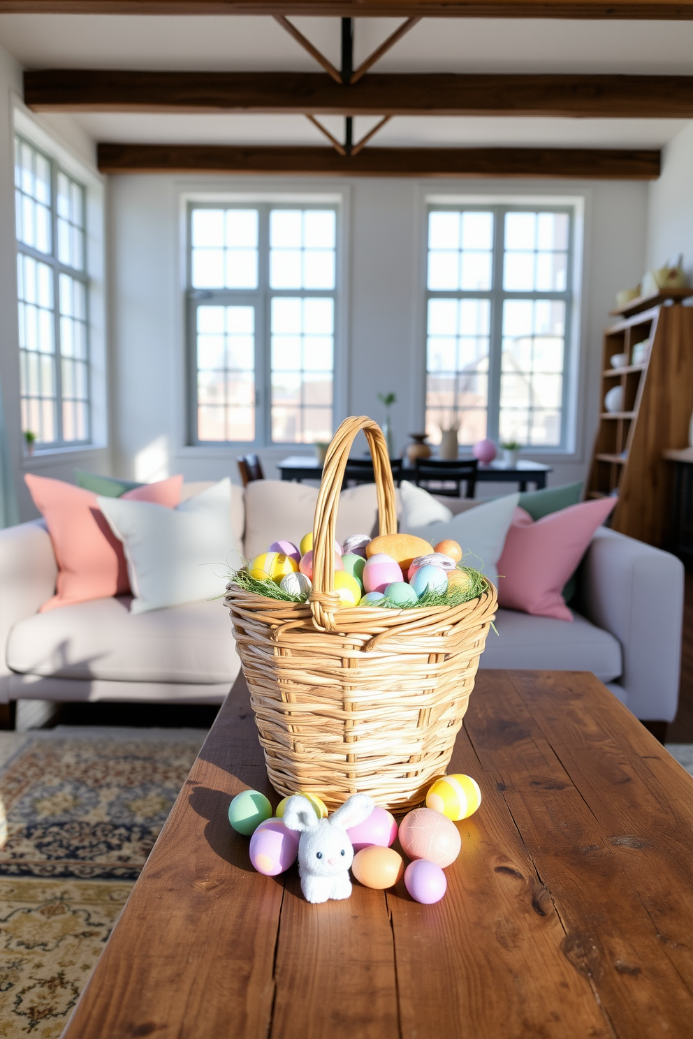 A charming Easter basket filled with colorful treats sits on a rustic wooden table. Surrounding the basket are pastel-colored decorations, including small bunnies and eggs, creating a festive atmosphere. The loft features a bright and airy design with large windows allowing natural light to flood in. Soft throw pillows in spring colors adorn a cozy sofa, complementing the cheerful Easter decor throughout the space.