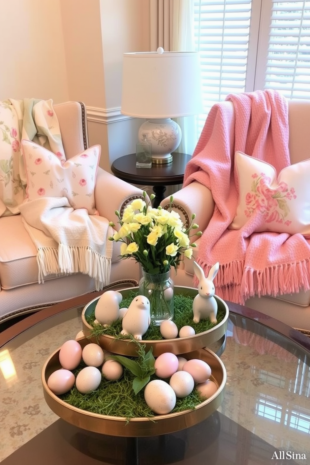 Cozy seasonal throw blankets are draped over elegant armchairs, adding warmth and texture to the space. Soft pastel colors and floral patterns evoke a cheerful atmosphere perfect for Easter celebrations. Delicate Easter decorations, such as hand-painted eggs and whimsical bunny figurines, are thoughtfully arranged on a coffee table. Fresh flowers in a vase complement the seasonal decor, enhancing the inviting ambiance of the room.