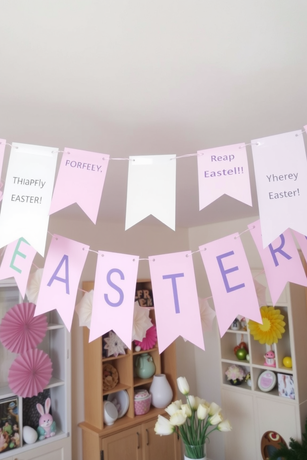 Craft paper banners adorned with cheerful Easter messages hang gracefully across the room. The banners are complemented by pastel-colored decorations, creating a festive and inviting atmosphere.