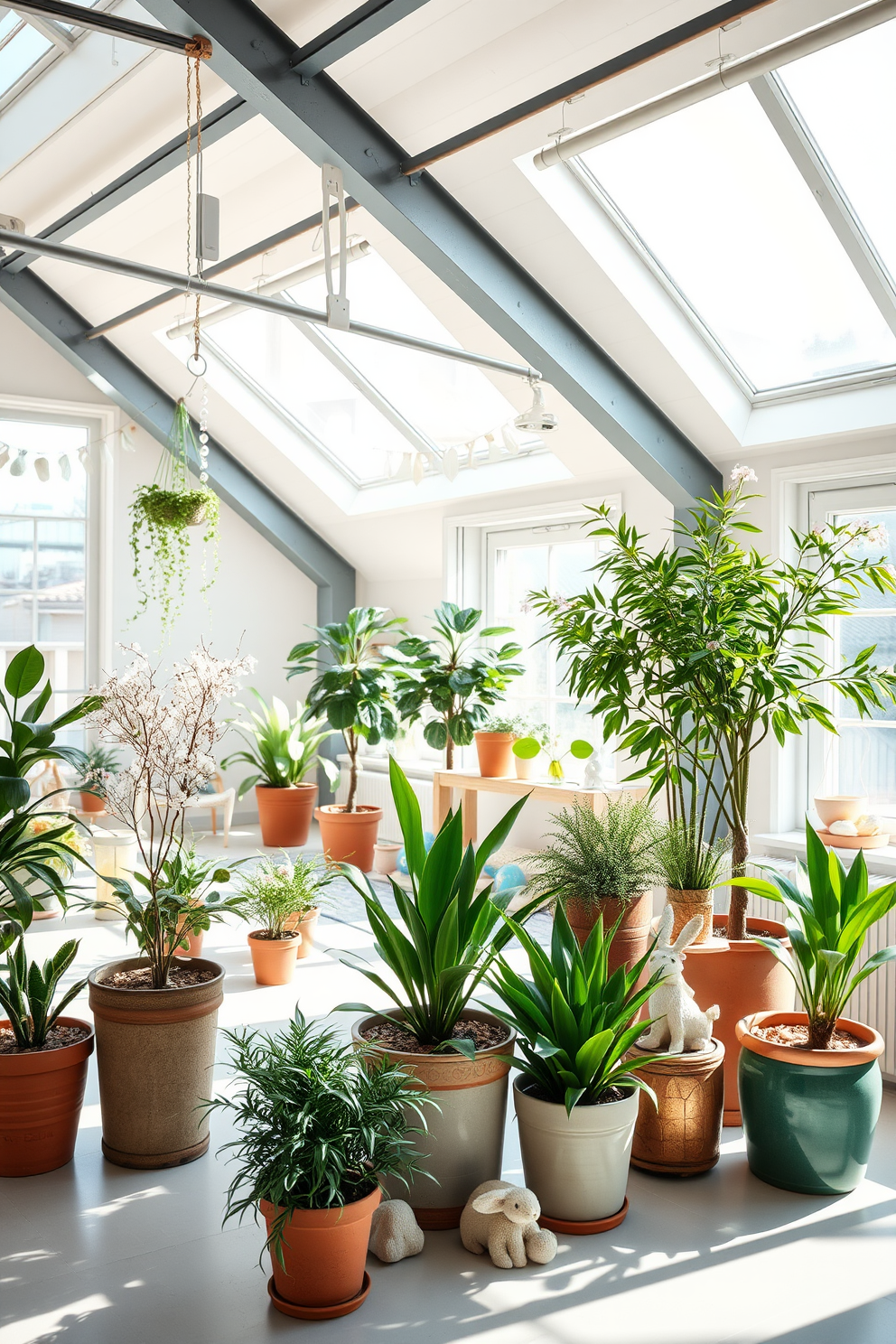 A bright and airy loft space filled with natural light. Potted plants of various sizes are strategically placed around the room, adding fresh greenery and a vibrant touch. Easter decorations are elegantly arranged throughout the loft. Delicate pastel colors and whimsical elements create a festive atmosphere while maintaining a sophisticated aesthetic.