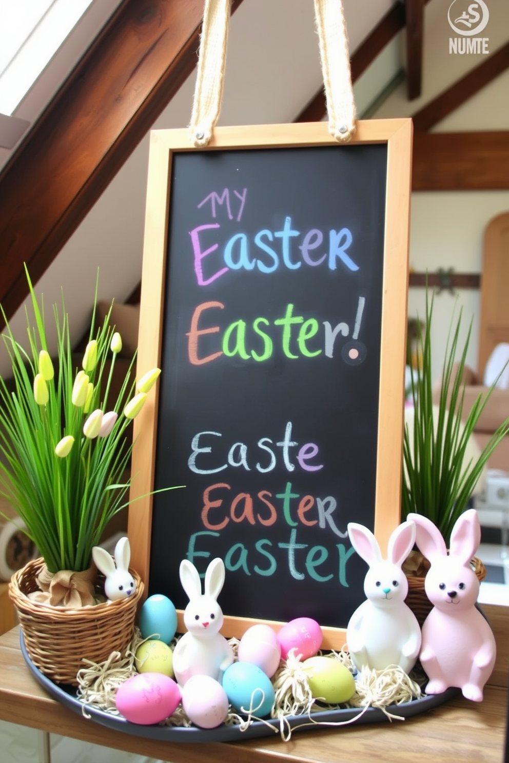 A chalkboard sign is prominently displayed in a cozy loft space, adorned with festive greetings in colorful chalk. Surrounding the sign are playful Easter decorations, including pastel-colored eggs and cheerful bunny figurines, creating a warm and inviting atmosphere.