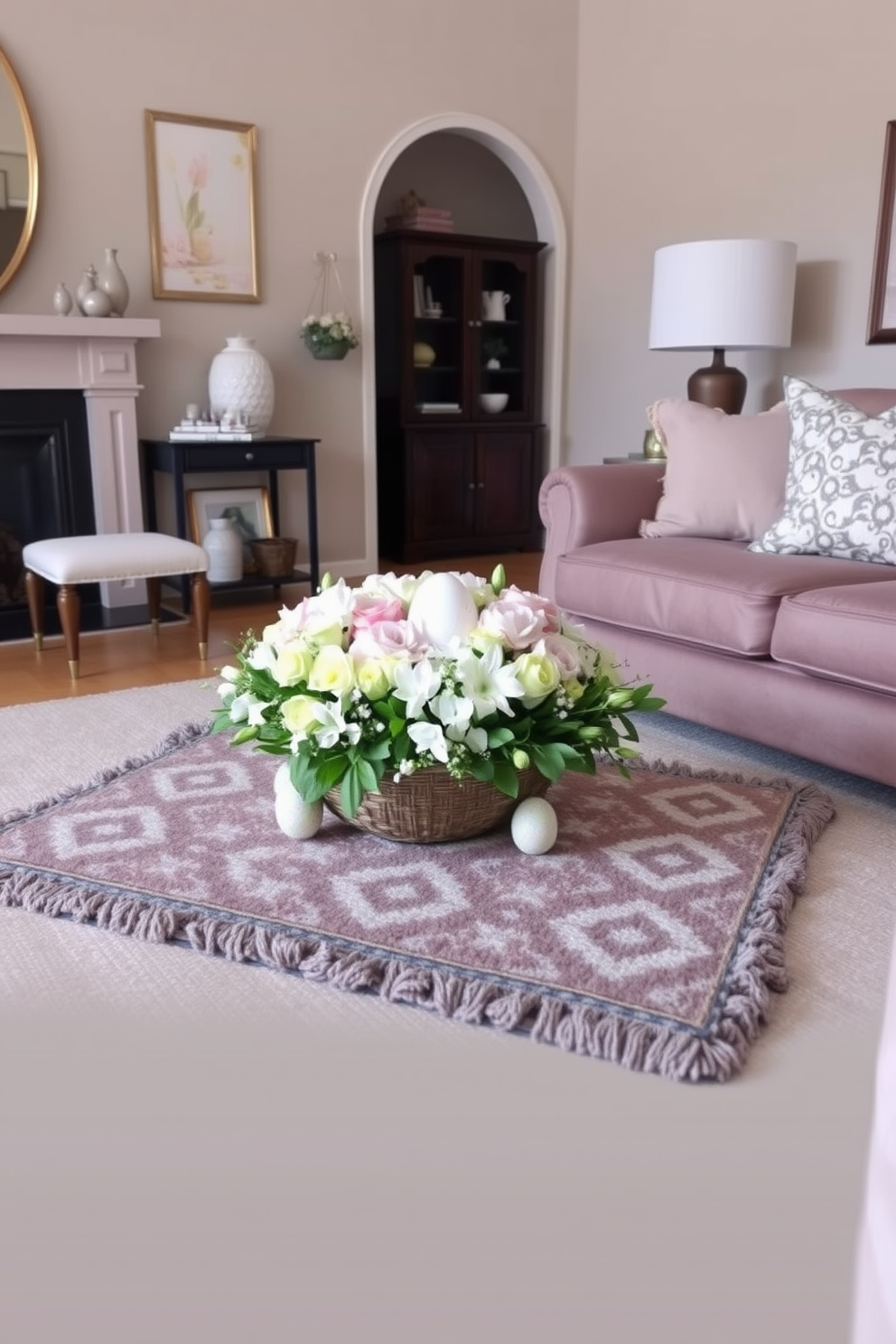 Layered rugs create a cozy atmosphere in a stylish living room. The base rug is a large neutral-toned piece, while a smaller patterned rug is placed on top to add texture and warmth. For Easter decorating ideas, incorporate pastel colors and floral accents throughout the space. A beautiful centerpiece with fresh flowers and decorative eggs can enhance the festive ambiance.