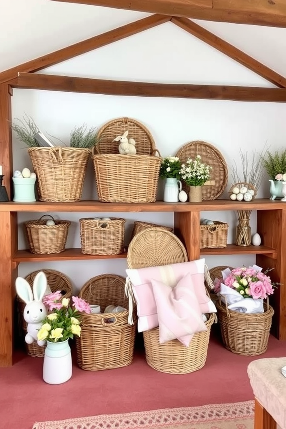 A cozy loft space featuring vintage baskets used for both storage and decor. The baskets are woven in natural fibers and are arranged on rustic wooden shelves, adding warmth and charm to the room. Easter decorations fill the space with a festive touch. Soft pastel colors dominate the decor, with floral arrangements and themed accents placed throughout the loft, creating a cheerful and inviting atmosphere.