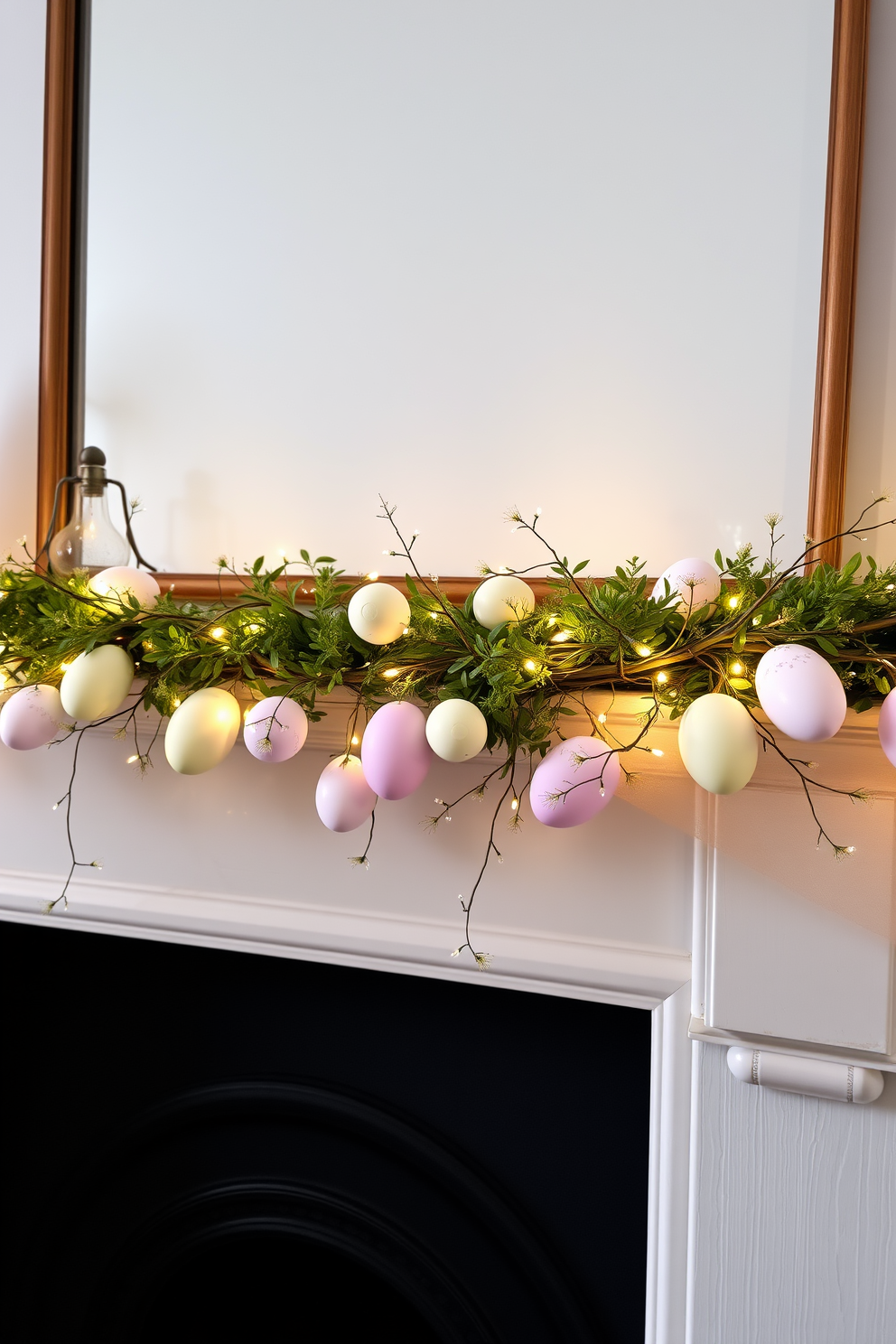 A charming mantelpiece adorned with a decorative egg garland. The garland features pastel-colored eggs in varying sizes, interspersed with delicate greenery and twinkling fairy lights.