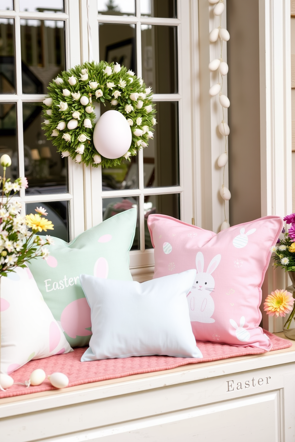 Easter-themed pillows are arranged on cozy window seats, featuring pastel colors and playful bunny patterns. The surrounding decor includes delicate garlands of eggs and cheerful floral arrangements, creating a festive atmosphere.