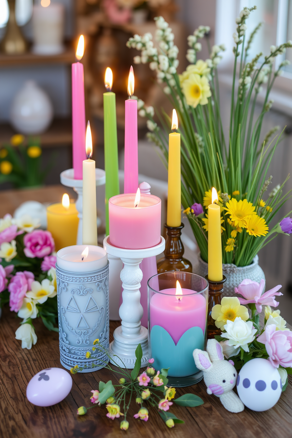 A vibrant display of colorful candles in decorative holders creates a warm and inviting atmosphere. The candles are arranged on a rustic wooden table, surrounded by fresh spring flowers and Easter-themed decorations.