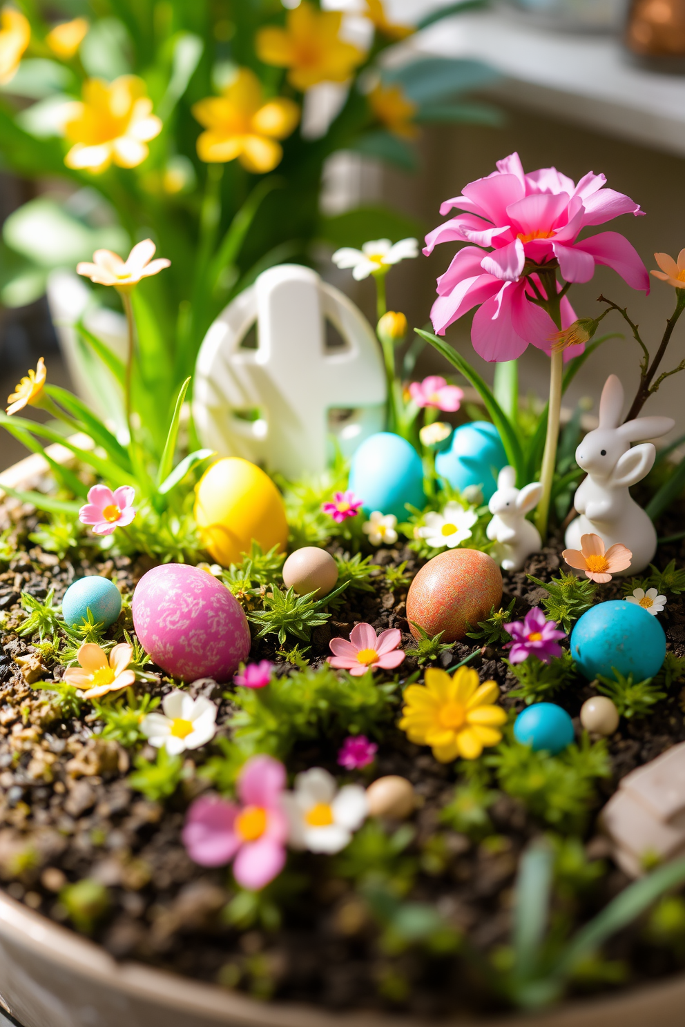 A charming miniature garden is designed with vibrant Easter accents. Colorful eggs are nestled among blooming flowers and lush greenery, creating a festive atmosphere. The garden features whimsical decorations like tiny bunnies and pastel-colored ornaments. Soft, natural light enhances the cheerful ambiance, inviting a sense of joy and celebration.