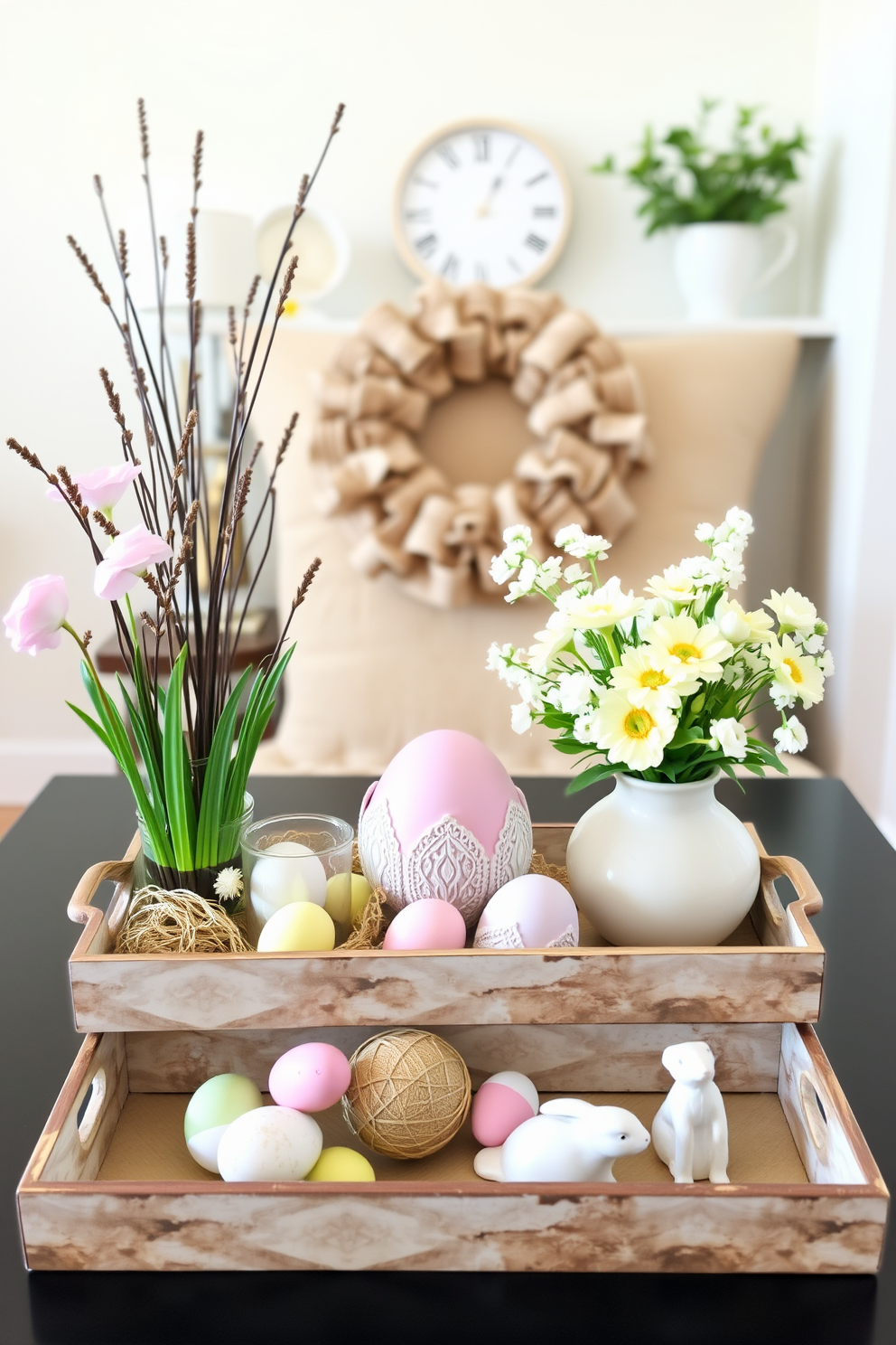 Create a cozy loft space decorated for Easter. Incorporate decorative trays filled with seasonal items like pastel eggs, fresh flowers, and small bunnies to enhance the festive atmosphere.