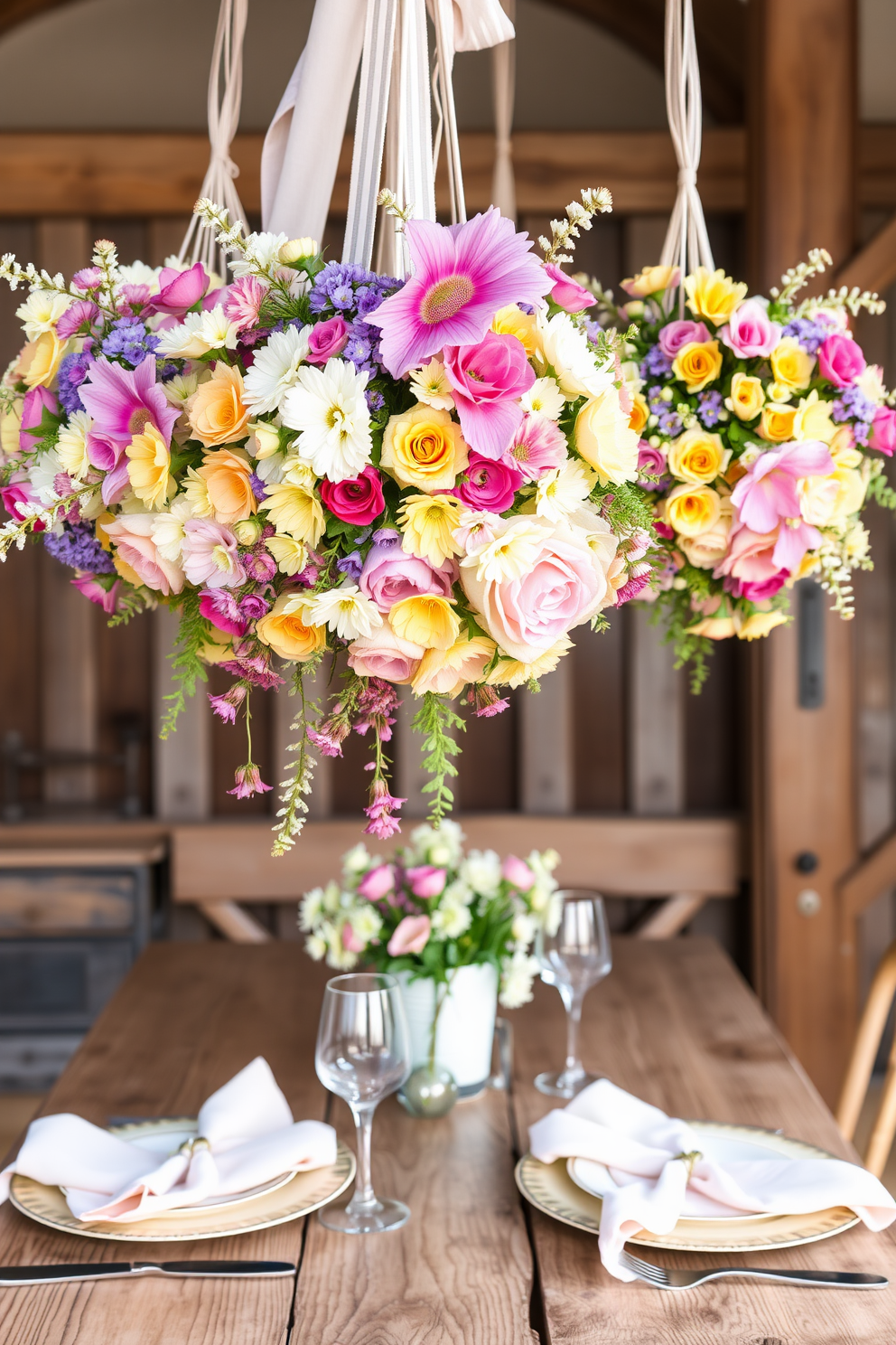 Hanging floral arrangements gracefully adorn a rustic wooden table set for an Easter celebration. The vibrant blooms in pastel shades create a lively atmosphere, complemented by delicate tableware and soft linen napkins.