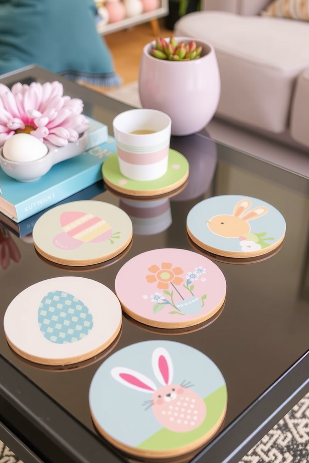 Easter-themed coasters for a coffee table featuring pastel colors and whimsical designs. Each coaster showcases a different Easter motif such as eggs, bunnies, and spring flowers, adding a festive touch to the loft decor.