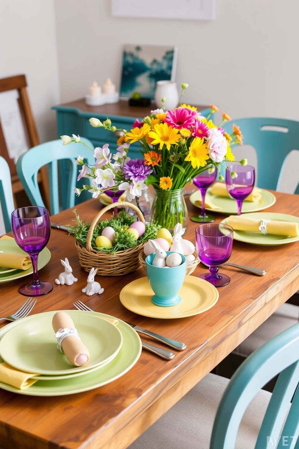 Brightly colored tableware is beautifully arranged on a rustic wooden dining table. The vibrant plates, glasses, and cutlery are complemented by fresh spring flowers in a centerpiece vase, creating a cheerful atmosphere. For Easter decorating ideas, pastel-colored eggs are artfully displayed in a woven basket at the table's edge. Delicate bunny figurines and seasonal greenery add a festive touch to the overall setting.