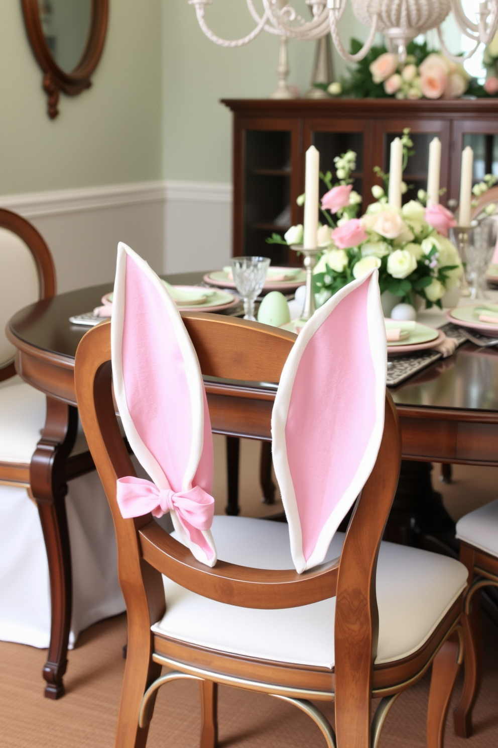 Charming bunny ears adorn the backs of elegant dining chairs, adding a whimsical touch to the festive setting. The table is beautifully set with pastel-colored plates and delicate floral arrangements, creating a warm and inviting atmosphere for Easter celebrations.