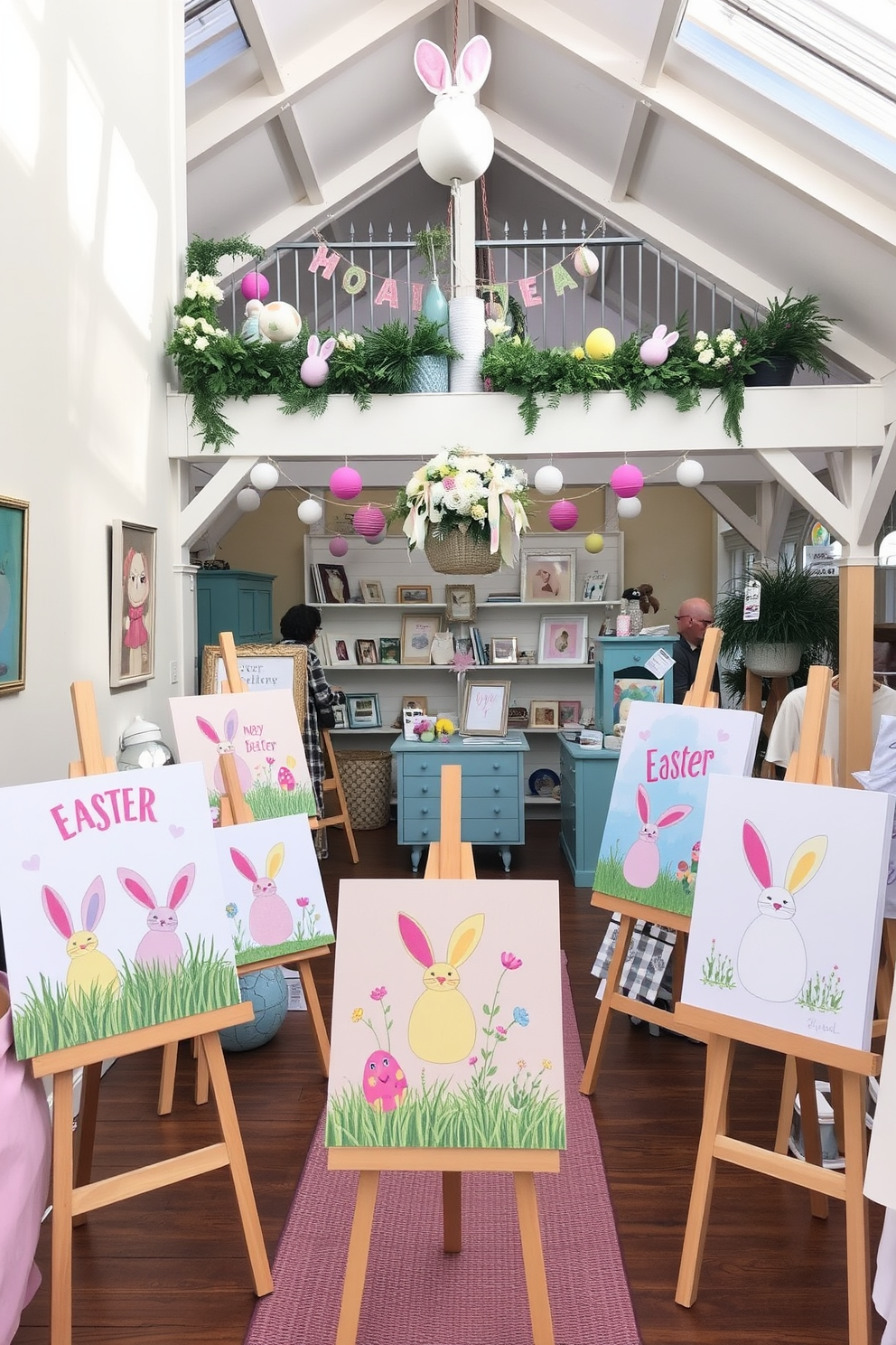 Seasonal artwork displayed on easels creates a vibrant and inviting atmosphere. The loft is adorned with pastel colors and whimsical decorations that celebrate the spirit of Easter.