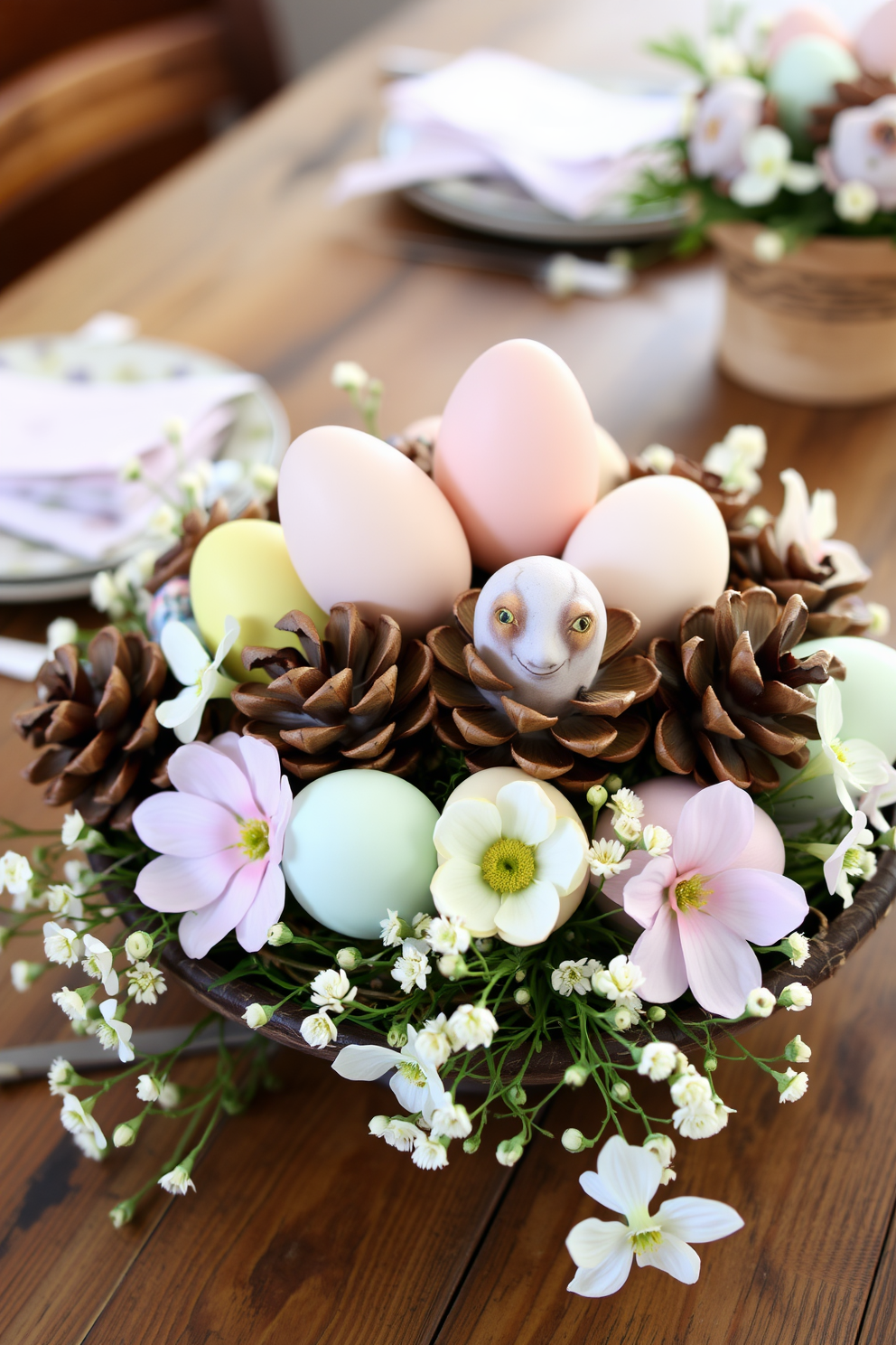 A charming centerpiece arrangement featuring pinecones and eggs in soft pastel colors. The display is set on a rustic wooden table, surrounded by delicate spring flowers and greenery.