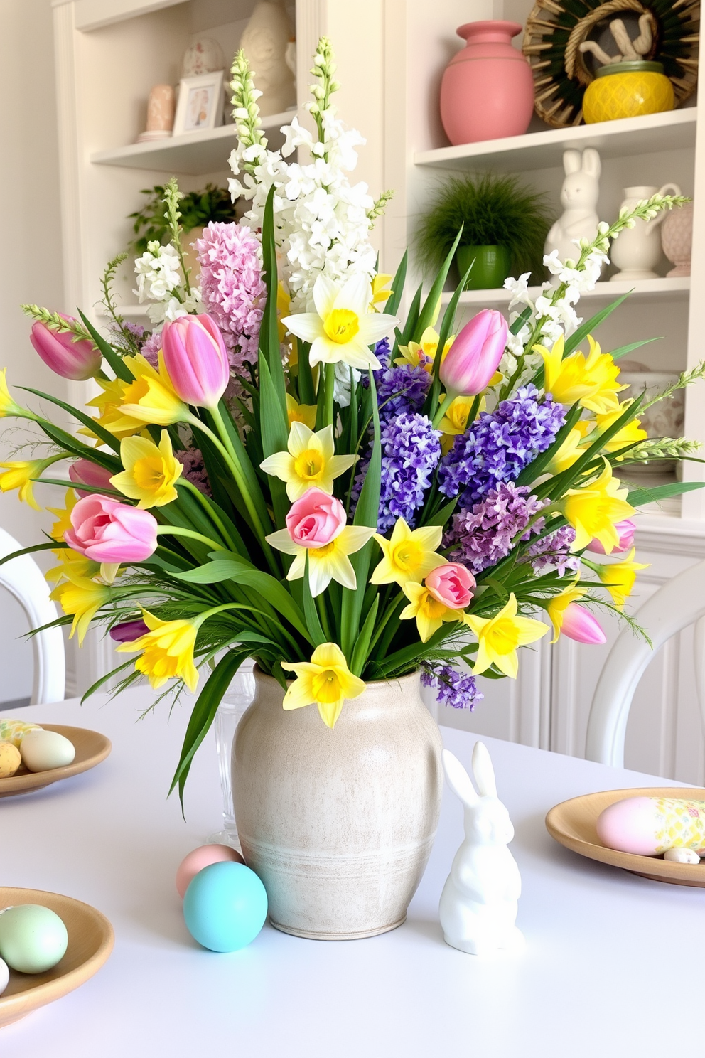 Floral centerpieces filled with vibrant spring blooms create a cheerful and inviting atmosphere. The arrangement features a mix of tulips, daffodils, and hyacinths in a rustic ceramic vase, surrounded by soft greenery. Incorporate pastel-colored accents throughout the space for a fresh Easter theme. Use decorative eggs and bunny figurines to enhance the festive decor on tables and shelves.