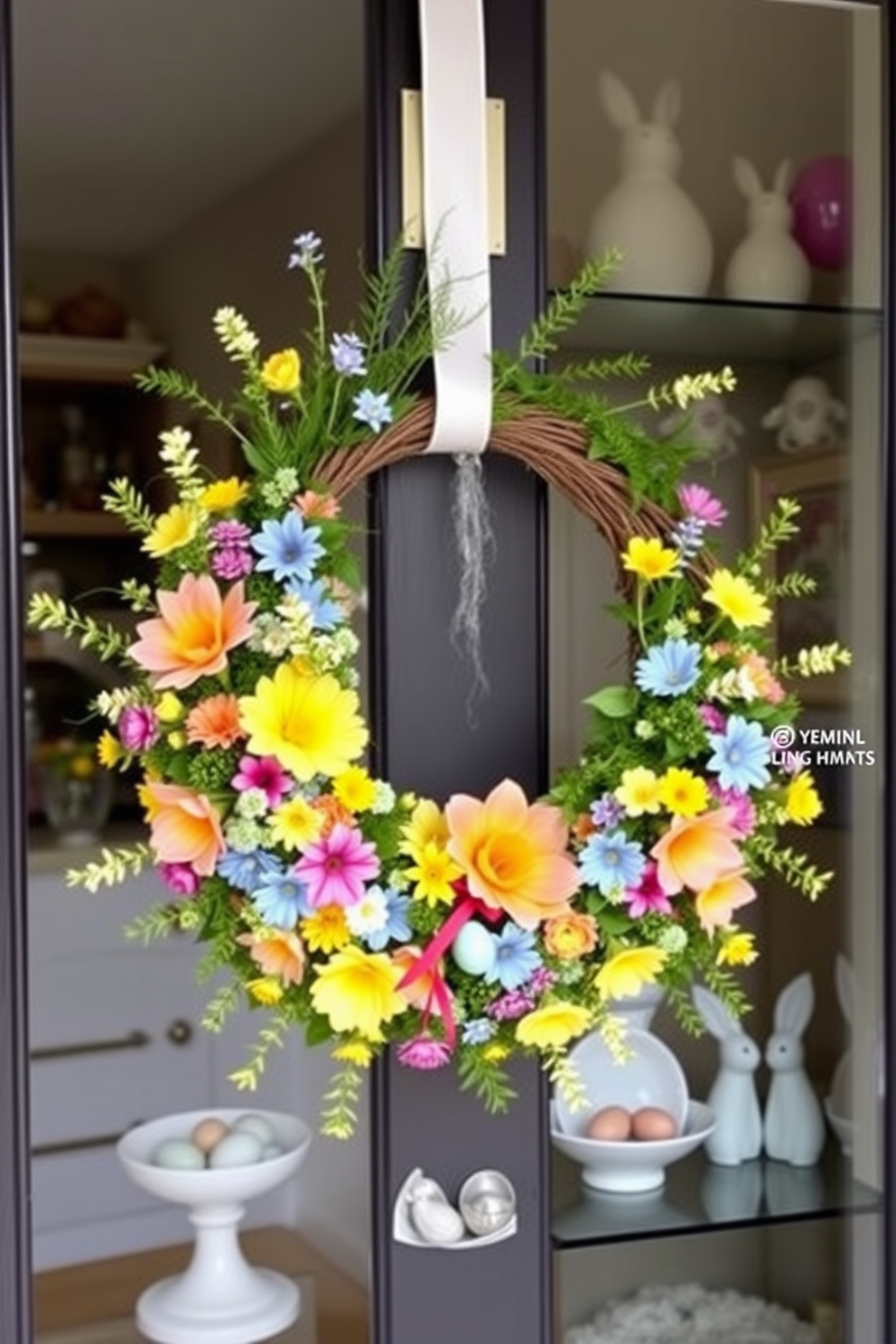 A vibrant wreath adorned with an array of colorful flowers and greenery is beautifully displayed on the front door. The wreath features bright hues of pink, yellow, and blue, creating a cheerful welcome for guests. Inside the loft, playful Easter decorations are artfully arranged throughout the space. Delicate pastel eggs are nestled in decorative bowls, while whimsical bunnies add a touch of charm to the shelves.