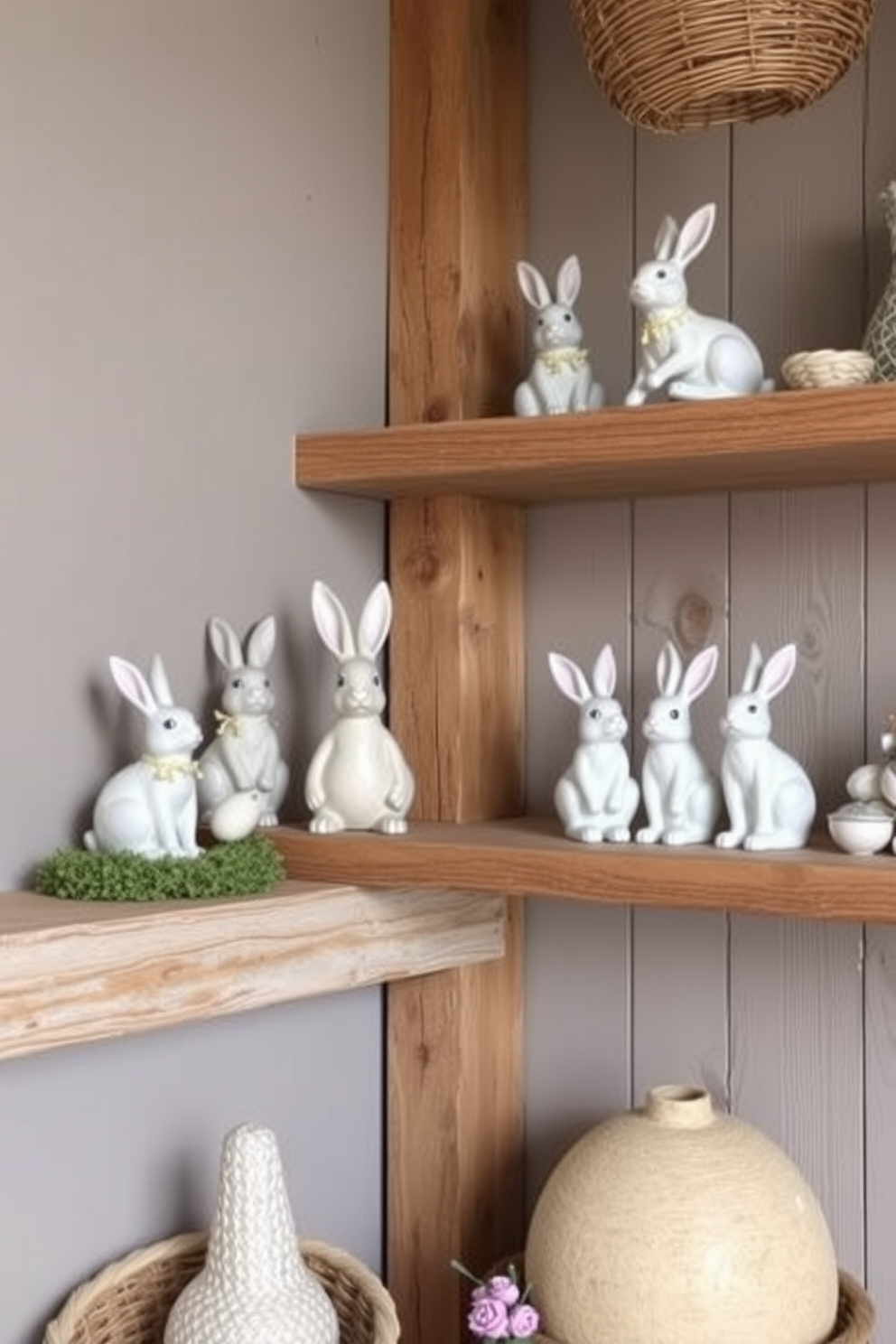 Charming bunny figurines are artfully arranged on rustic wooden shelves, creating a whimsical atmosphere. Soft pastel colors and natural elements enhance the cozy feel of the loft, making it perfect for Easter celebrations.