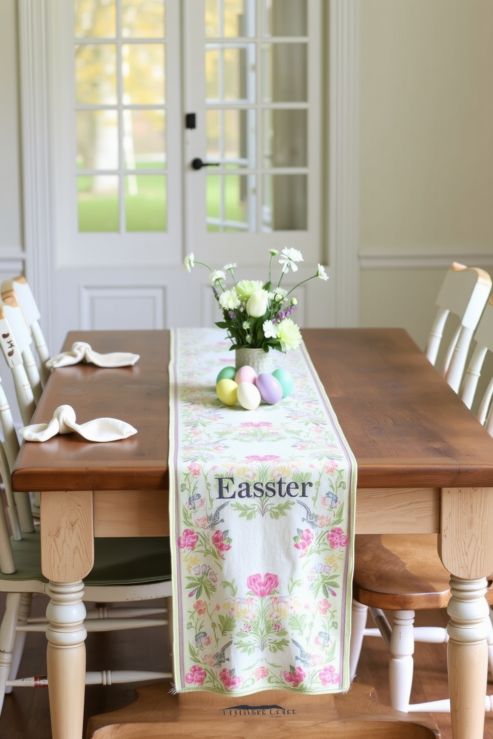 A charming Easter-themed table runner adorns a rustic wooden dining table, featuring pastel colors and intricate floral patterns. Surrounding the table are mismatched vintage chairs, each draped with a soft linen napkin in coordinating shades. On the table, a collection of decorative eggs in various sizes and hues are artfully arranged alongside a small vase filled with fresh spring flowers. The backdrop includes a softly lit window, allowing natural light to enhance the festive atmosphere.