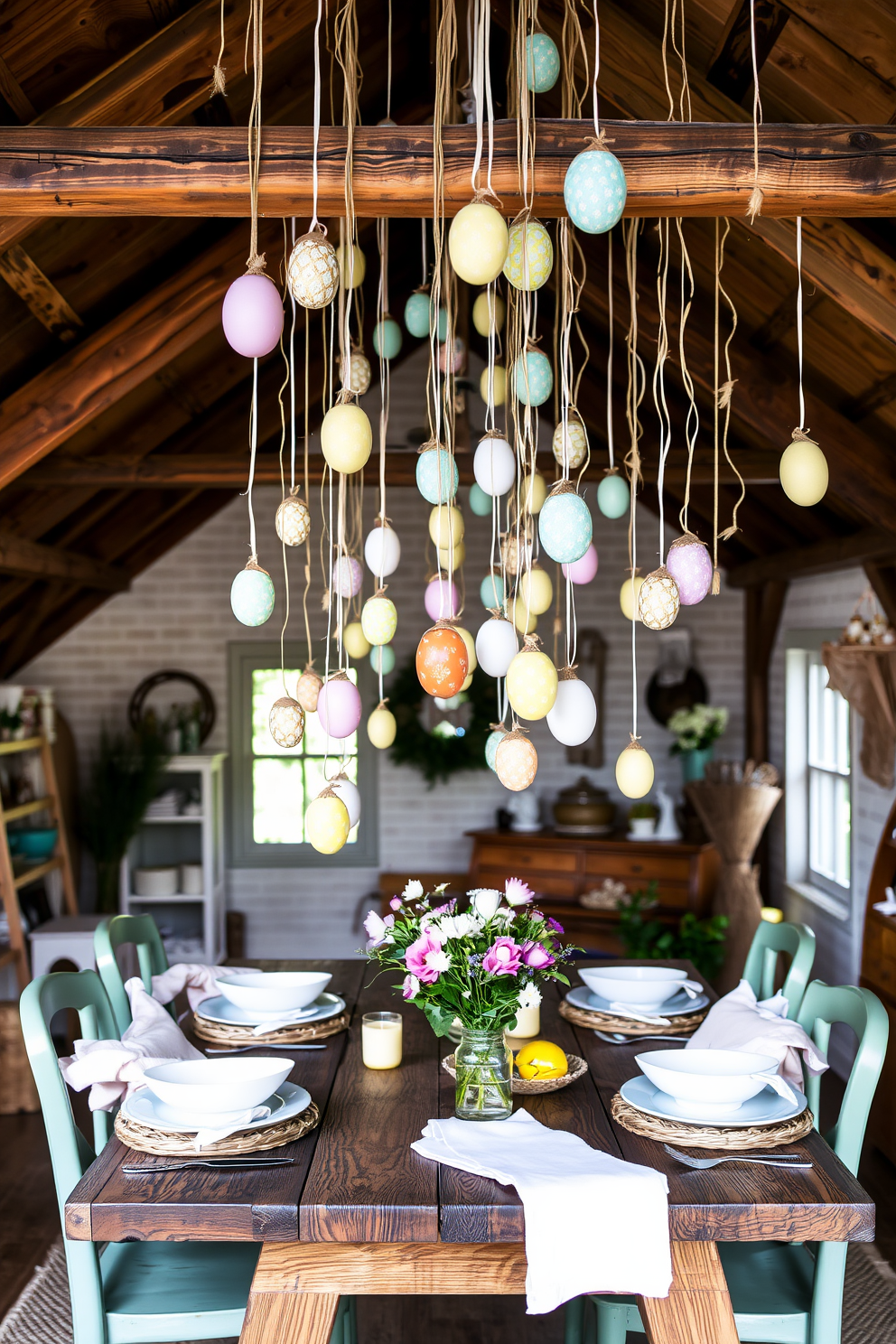 A cozy loft space adorned with hanging egg decorations from the ceiling creates a festive atmosphere. The eggs, in pastel colors, sway gently above a rustic wooden dining table set for an Easter brunch.