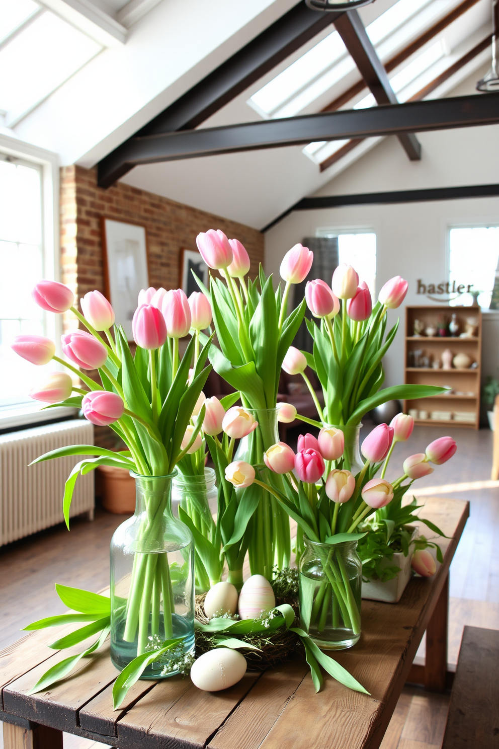 A bright and airy loft space adorned with fresh tulips in vintage vases. The tulips are displayed on a rustic wooden table, creating a charming focal point for the Easter celebration. Soft pastel colors fill the room, with decorative eggs nestled among the flowers. Natural light streams in through large windows, enhancing the festive atmosphere of the loft.