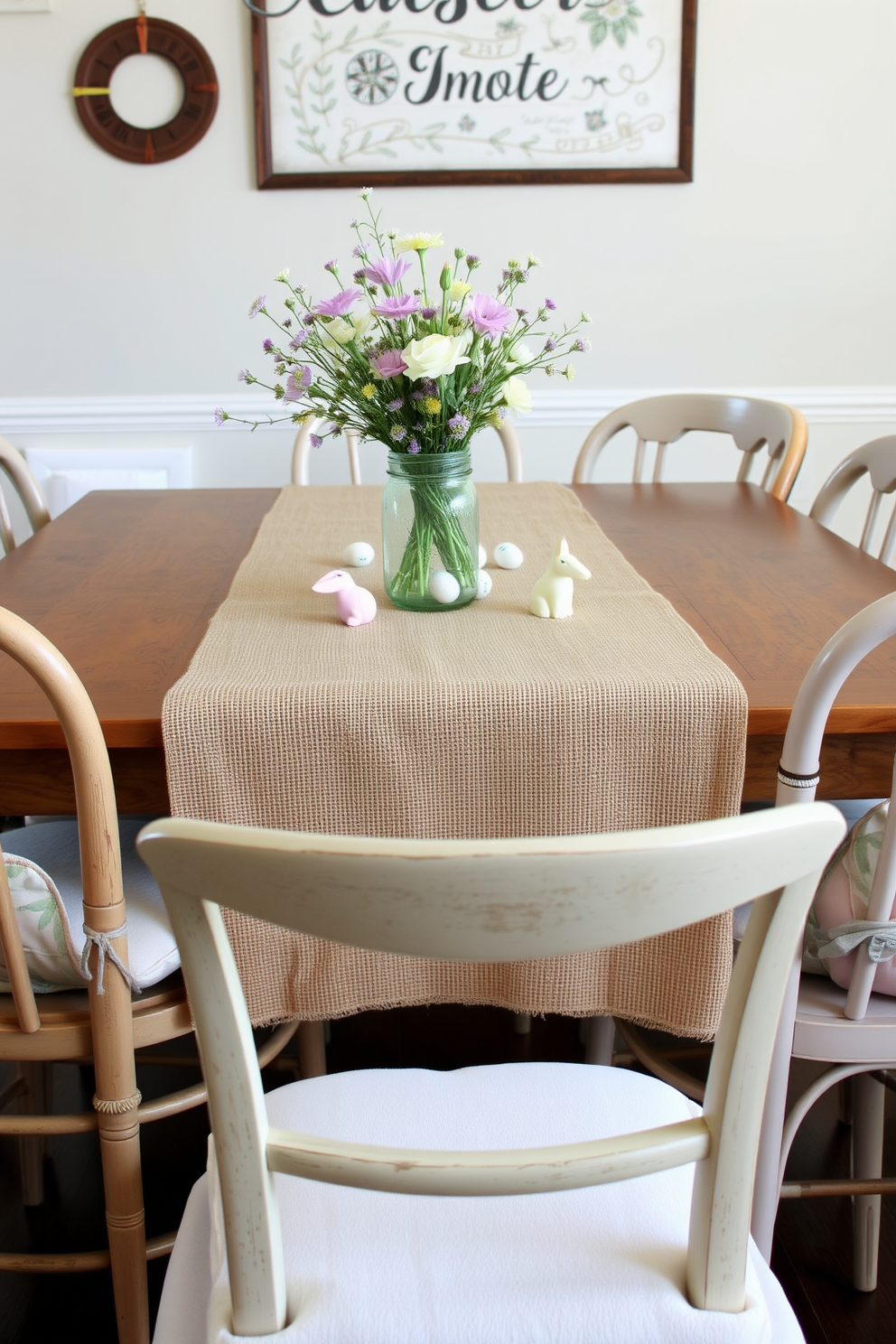 A burlap tablecloth drapes elegantly over a wooden dining table, adding a rustic charm to the setting. Surrounding the table are mismatched vintage chairs, each adorned with soft pastel cushions for a cozy feel. On the table, a centerpiece of fresh wildflowers in a mason jar captures the essence of spring. Delicate Easter-themed decorations, such as hand-painted eggs and small bunnies, are scattered around, enhancing the festive atmosphere.