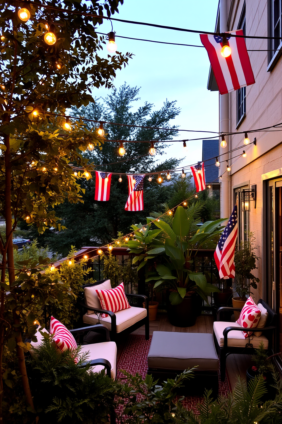 A cozy outdoor space adorned with string lights that twinkle softly in the evening. Colorful flags flutter gently in the breeze, adding a festive touch to the Memorial Day celebration. A stylish apartment balcony featuring comfortable seating arrangements surrounded by lush greenery. The ambiance is enhanced by the warm glow of string lights creating a welcoming atmosphere for gatherings.