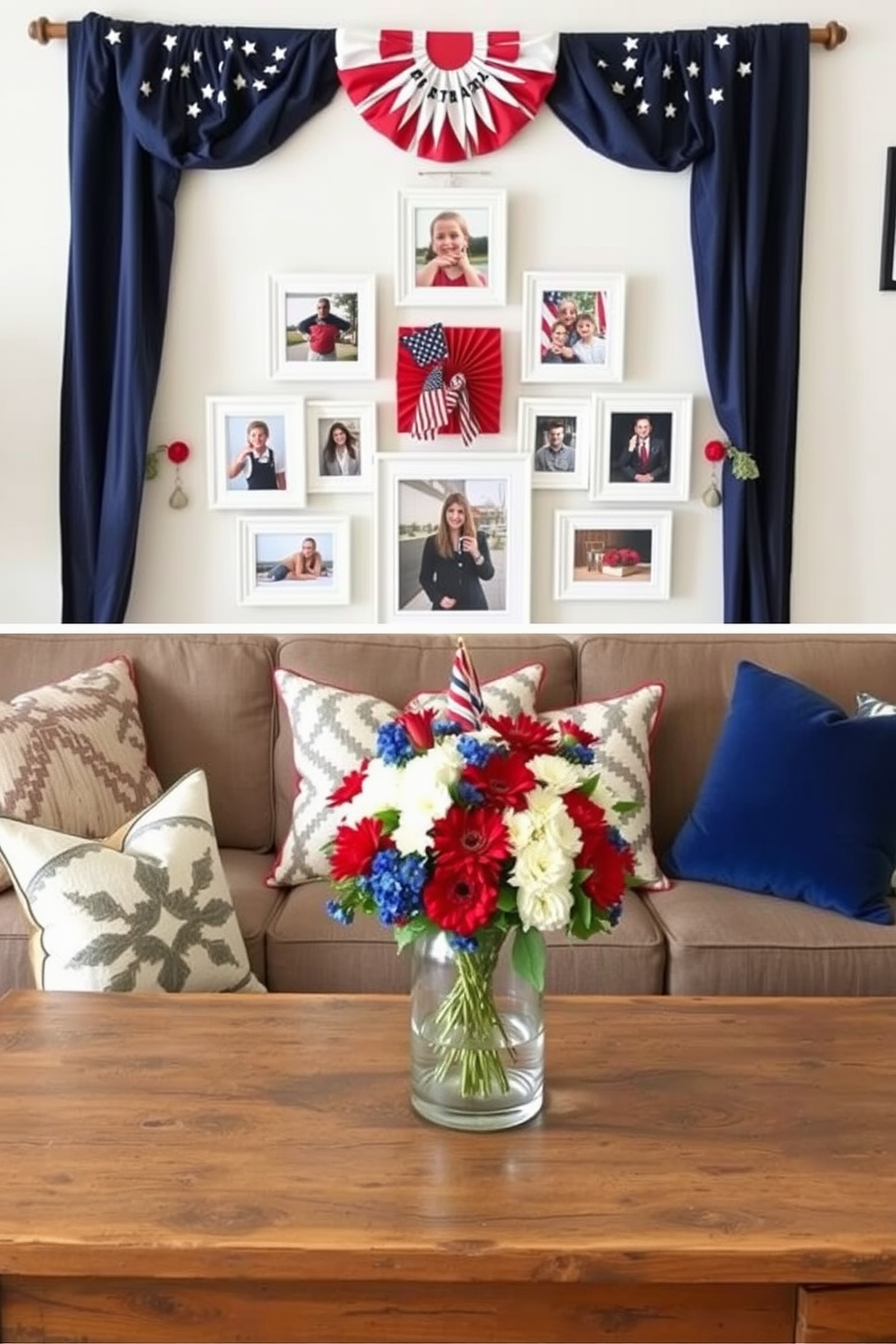 A Memorial Day themed photo display featuring a collection of framed photographs arranged in a star shape. The frames are decorated with red white and blue accents and are placed on a rustic wooden table. For Memorial Day apartment decorating ideas consider using patriotic colors throughout the space. Incorporate themed throw pillows and a centerpiece made of fresh flowers in red white and blue hues.