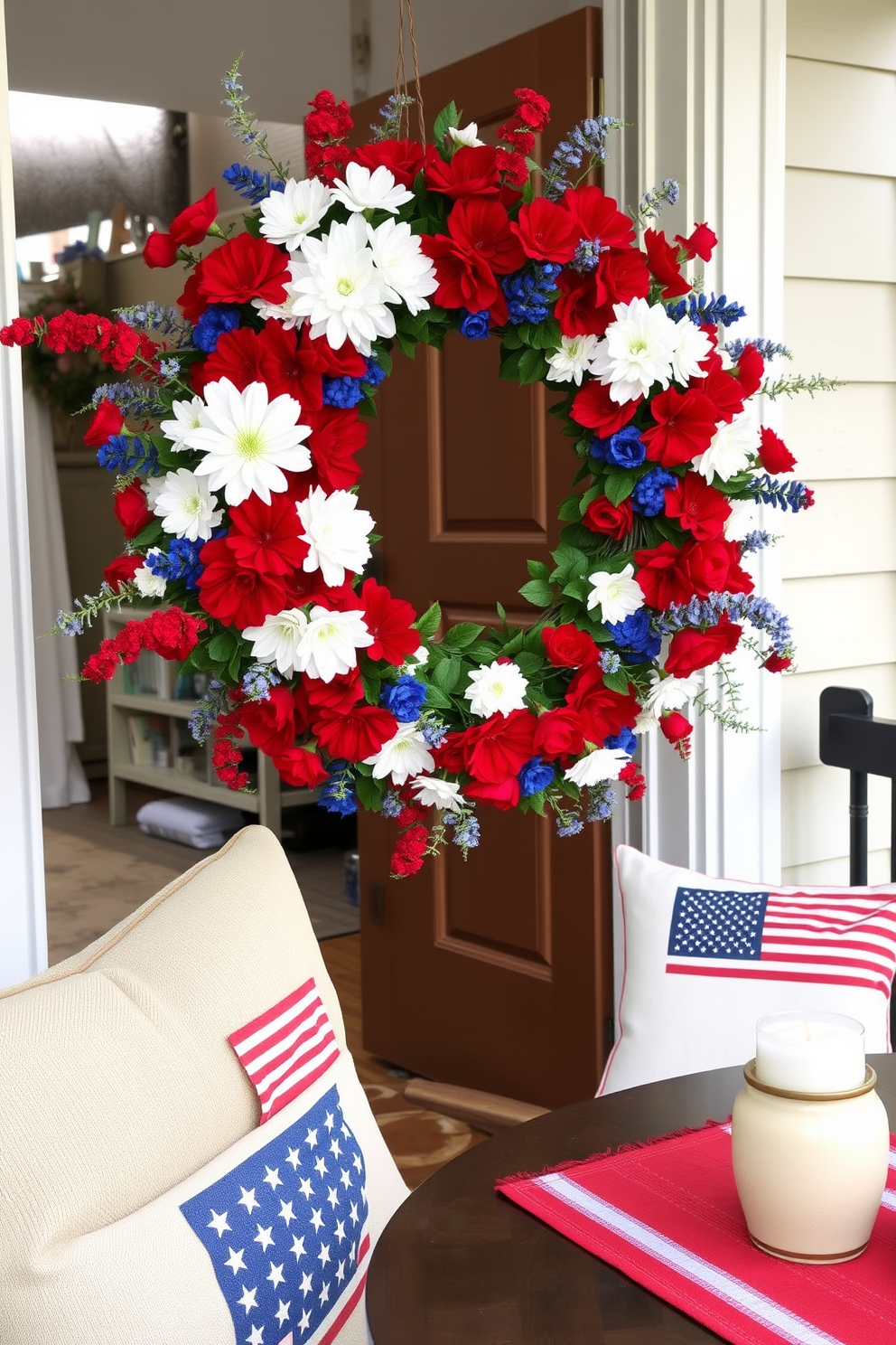 A vibrant seasonal wreath adorned with red white and blue flowers hangs on the front door creating a welcoming entrance. The apartment is decorated with patriotic accents including throw pillows and table runners that celebrate Memorial Day.