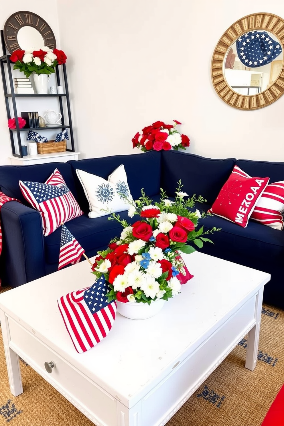 Create a vibrant apartment setting adorned with red white and blue floral arrangements that celebrate Memorial Day. The space features a cozy living room with a navy blue sofa, accented by throw pillows in patriotic colors and a coffee table adorned with a centerpiece of fresh flowers.