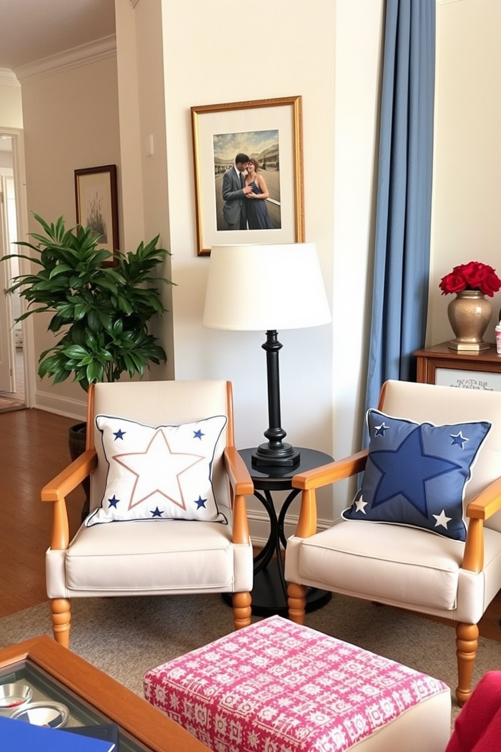 Cushions with star patterns adorn the chairs in a cozy apartment living room. The vibrant colors of the cushions complement the neutral tones of the furniture, creating a festive atmosphere perfect for Memorial Day celebrations.