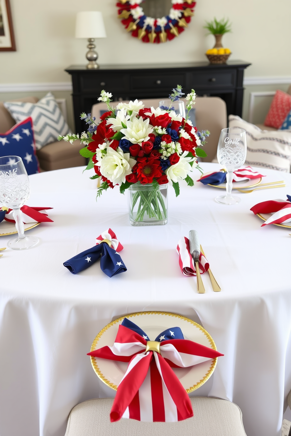 A beautifully arranged table setting for Memorial Day featuring flag napkins. The table is adorned with a crisp white tablecloth, and the centerpiece is a vibrant bouquet of red, white, and blue flowers in a glass vase. Each place setting includes elegant dinnerware with a touch of gold trim, complemented by sparkling crystal glasses. The flag napkins are folded in a creative design, adding a festive touch to the overall decor. For apartment decorating ideas, consider using a mix of patriotic colors throughout the space. Incorporate decorative pillows and throws in red, white, and blue to create a cohesive and inviting atmosphere.