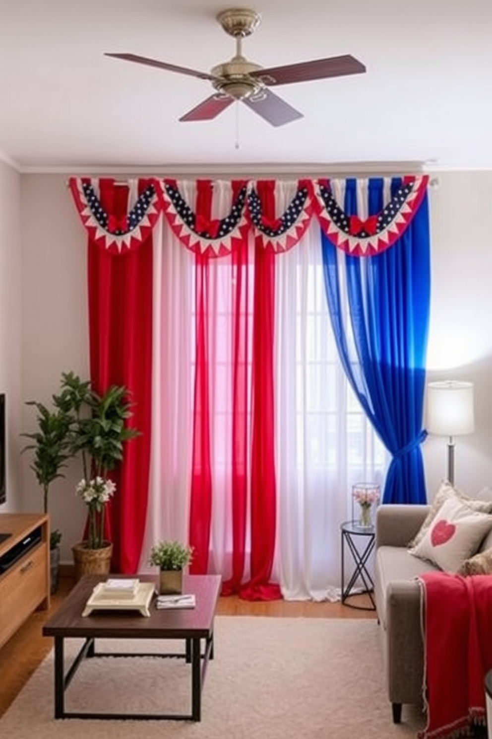 Create a cozy apartment living space decorated with red white and blue themed curtains that flow elegantly from the ceiling to the floor. The curtains should complement a neutral color palette in the room, adding a festive touch for Memorial Day celebrations.