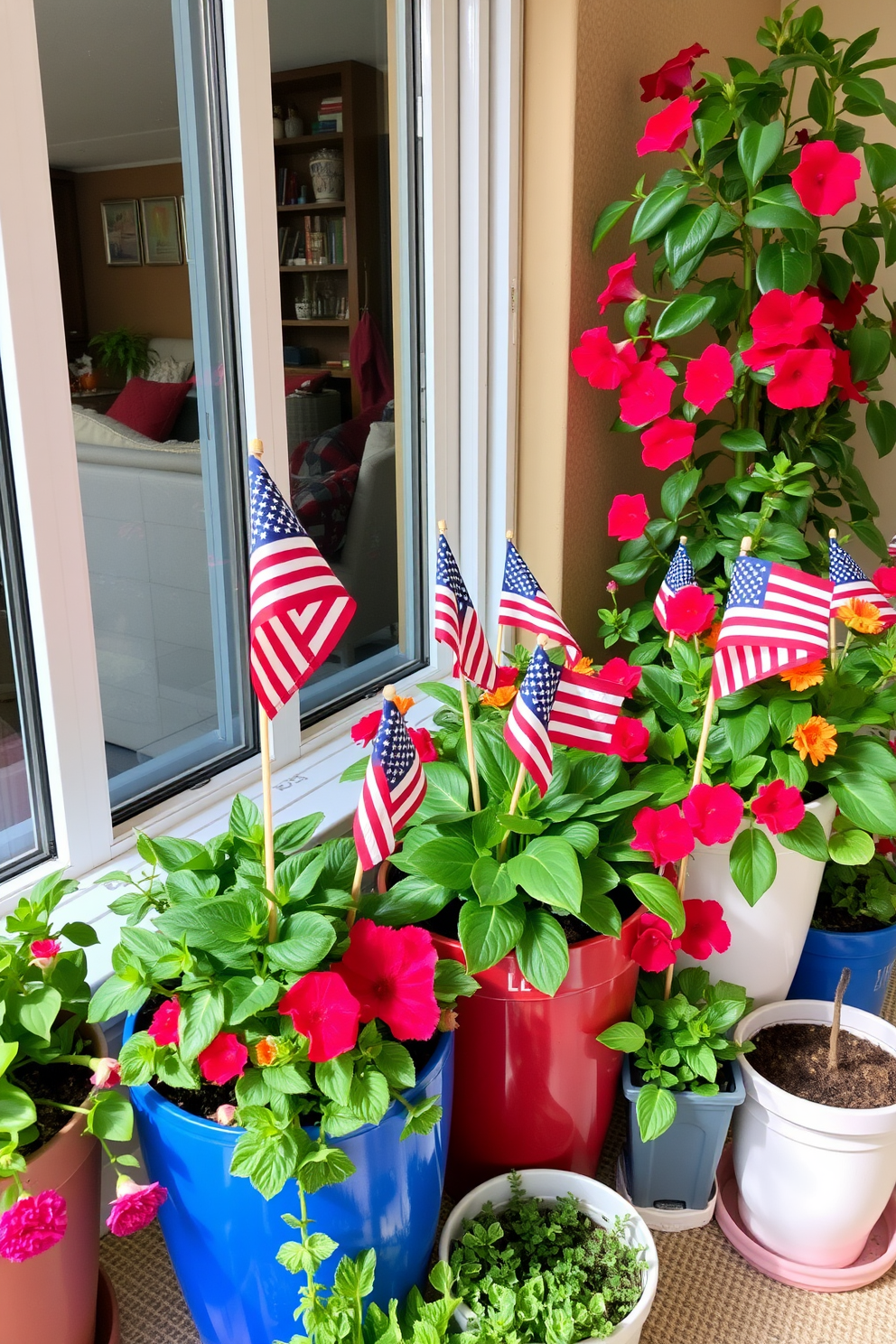 Miniature flags are placed in vibrant potted plants scattered throughout the apartment. The flags add a festive touch to the greenery, creating a welcoming atmosphere for Memorial Day celebrations.