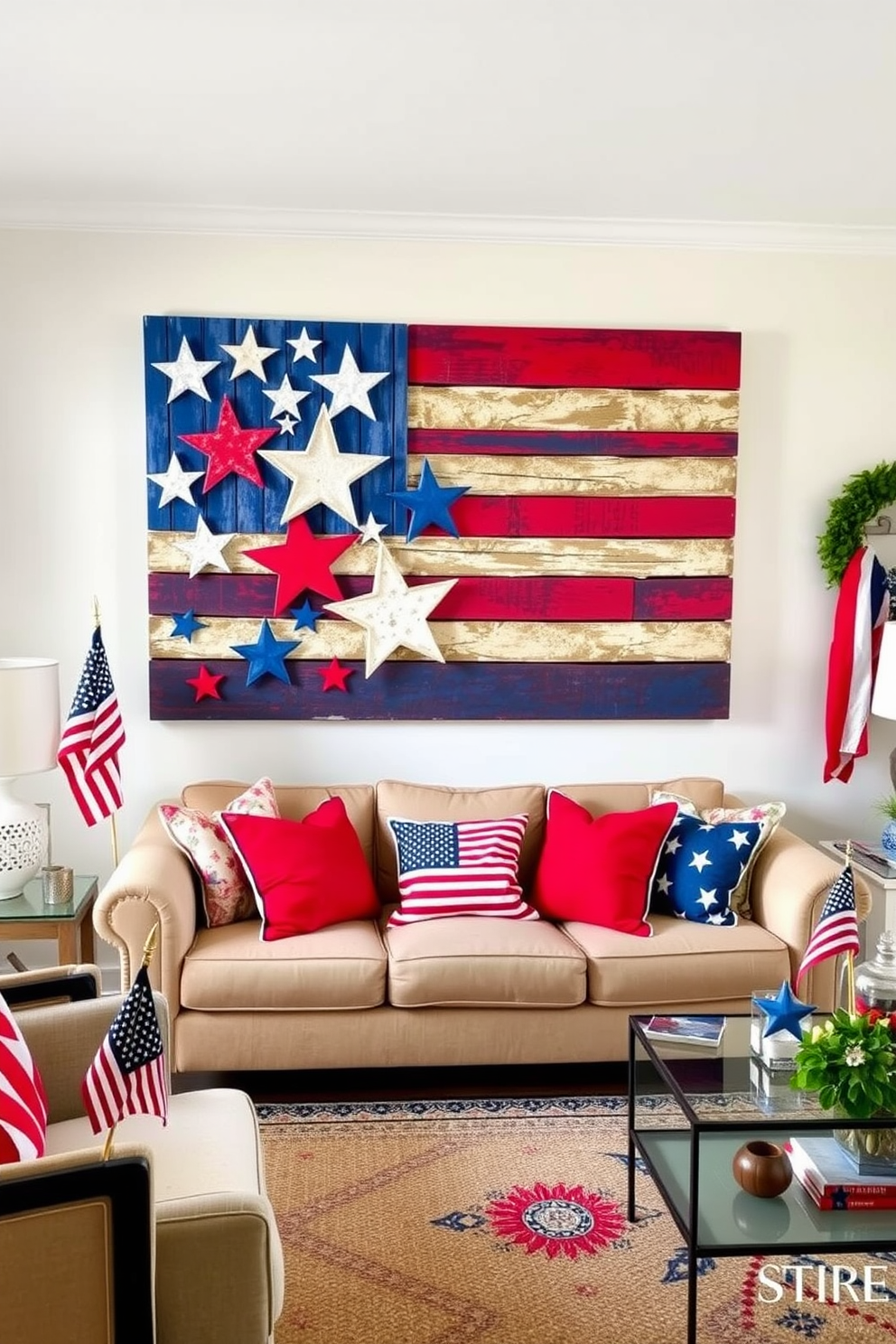 A patriotic wall art display featuring vibrant stars and stripes is the focal point of the living room. The artwork is complemented by a cozy seating area adorned with red, white, and blue throw pillows and a festive rug. Incorporate Memorial Day decorations throughout the apartment to enhance the theme. Subtle touches like small American flags and themed centerpieces create a warm and inviting atmosphere.