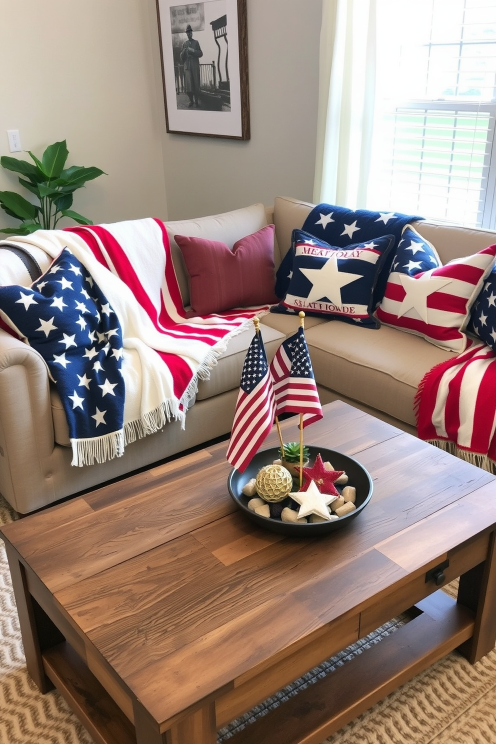 A cozy living room setting featuring patriotic themed throw blankets draped over a stylish sofa. The blankets incorporate red white and blue colors with star and stripe patterns creating a festive atmosphere for Memorial Day celebrations. Accent pillows with similar themes are arranged on the sofa adding to the overall decor. A rustic coffee table displays a small flag centerpiece and seasonal decorations enhancing the holiday spirit.