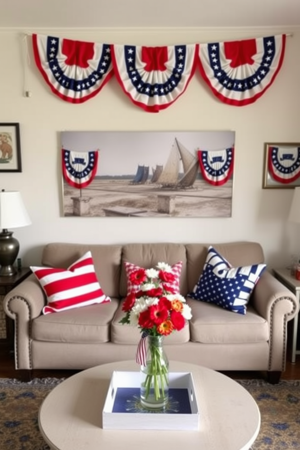 A cozy apartment decorated for Memorial Day features festive red white and blue banners hanging from the walls. The space is adorned with patriotic cushions on the sofa and a centerpiece of fresh flowers in a vase on the coffee table.