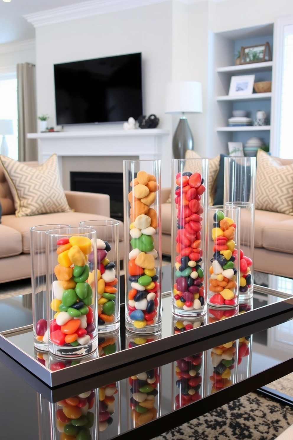 A stylish living room featuring glass vases filled with colorful stones on a sleek coffee table. The vases are arranged in a visually appealing manner, complementing the modern decor of the space. Brightly colored stones in the vases add a pop of color against a neutral backdrop. The overall design creates a warm and inviting atmosphere perfect for Memorial Day celebrations.