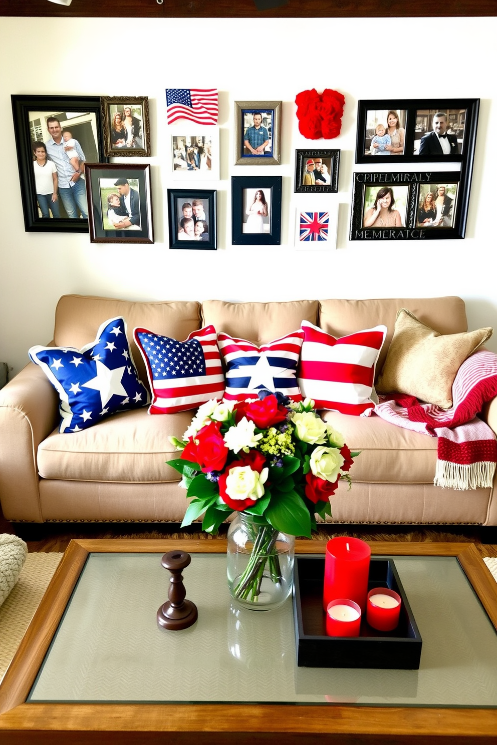 Create a cozy living room setting adorned with patriotic themed picture frames that celebrate Memorial Day. The frames are arranged on a gallery wall, featuring a mix of family photos and American flag motifs, complemented by red, white, and blue accents throughout the space. Incorporate decorative elements like throw pillows and blankets in patriotic colors on a plush sofa. Add a coffee table with a centerpiece of fresh flowers in a vase, surrounded by candles in shades of red and blue to enhance the festive atmosphere.