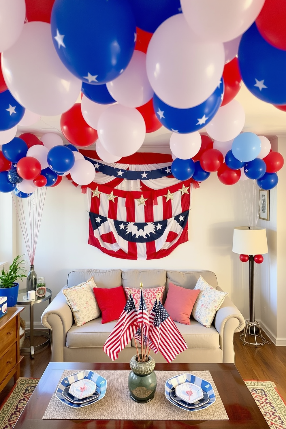 Create a festive apartment setting decorated for Memorial Day. The space is filled with clusters of red white and blue balloons, creating a vibrant and patriotic atmosphere. In the living area, a large banner with stars and stripes hangs above the sofa. A table is adorned with themed tableware and a centerpiece of small flags.