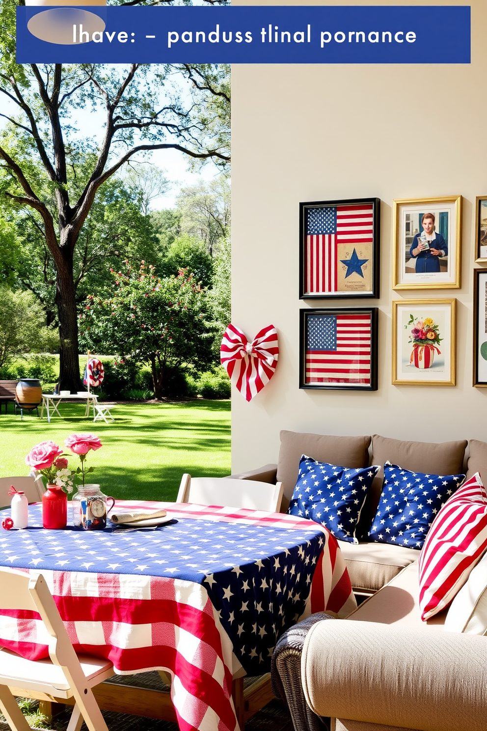 A charming picnic setup featuring a stars and stripes tablecloth draped over a rustic wooden table. Surrounding the table are comfortable folding chairs, with a backdrop of a sunny park filled with greenery and festive decorations. For apartment decorating ideas, envision a cozy living room adorned with patriotic accents. The space includes a plush sofa with red, white, and blue throw pillows, complemented by a gallery wall showcasing framed American flags and vintage picnic-themed art.