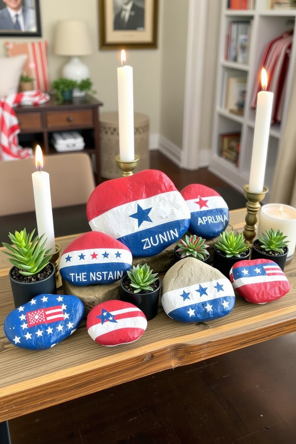 A collection of DIY painted rocks featuring patriotic themes for Memorial Day. Each rock is uniquely designed with red white and blue colors along with stars and stripes motifs. The rocks are displayed in a charming arrangement on a rustic wooden table. Surrounding them are small potted plants and candles that enhance the festive atmosphere of the apartment.