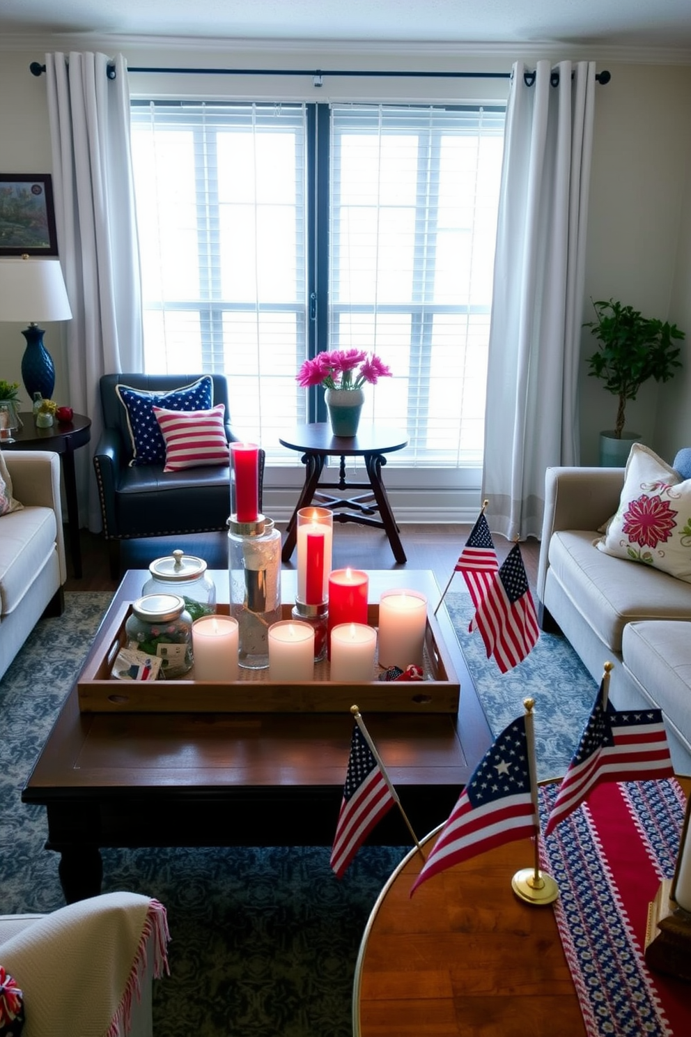 Create a cozy apartment living room decorated for Memorial Day. Arrange seasonal scented candles in red white and blue colors on a wooden coffee table surrounded by comfortable seating. Incorporate patriotic throw pillows on the sofa and a festive table runner on the dining table. Add a few small American flags as decorative accents throughout the space to enhance the celebratory atmosphere.