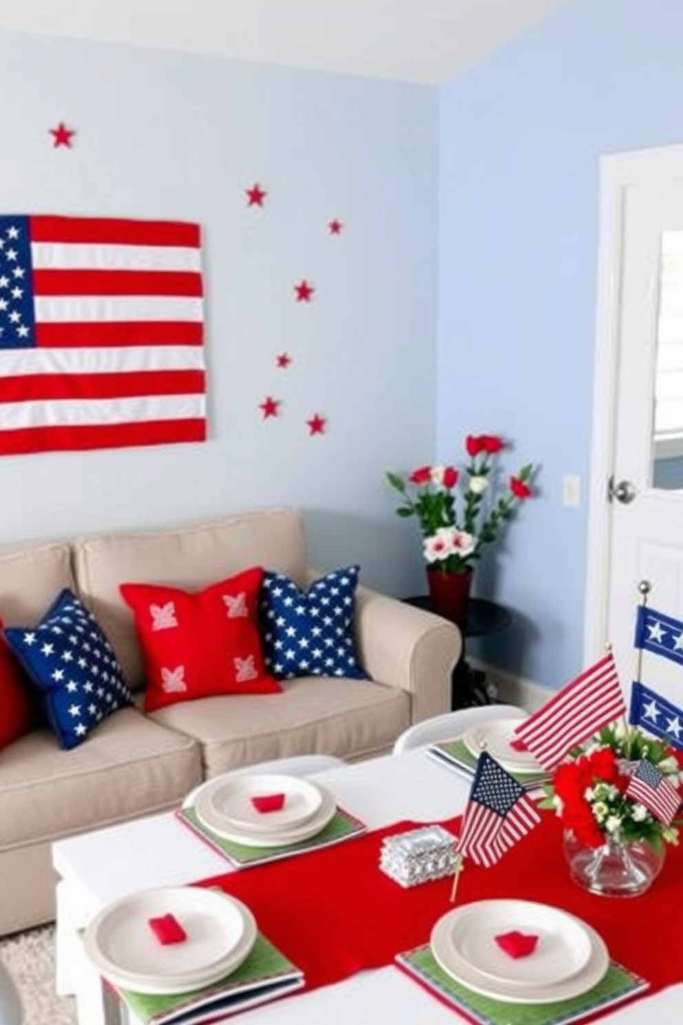 Create a patriotic themed living room featuring wall decals of the American flag and stars. The decals are strategically placed on a light blue accent wall, complemented by red and white throw pillows on a neutral sofa. Incorporate a festive atmosphere with a table set for Memorial Day, adorned with a red tablecloth and white dishes. Add small decorative elements like miniature flags and fresh flowers in red, white, and blue to enhance the holiday spirit.