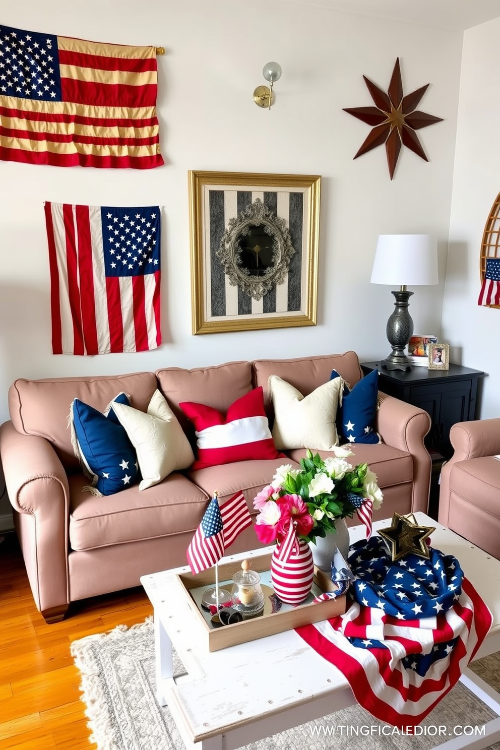 A cozy apartment living room decorated for Memorial Day features vintage American flags artfully displayed on the walls. The space includes a comfortable sofa adorned with red white and blue throw pillows and a coffee table topped with patriotic decorations and fresh flowers.