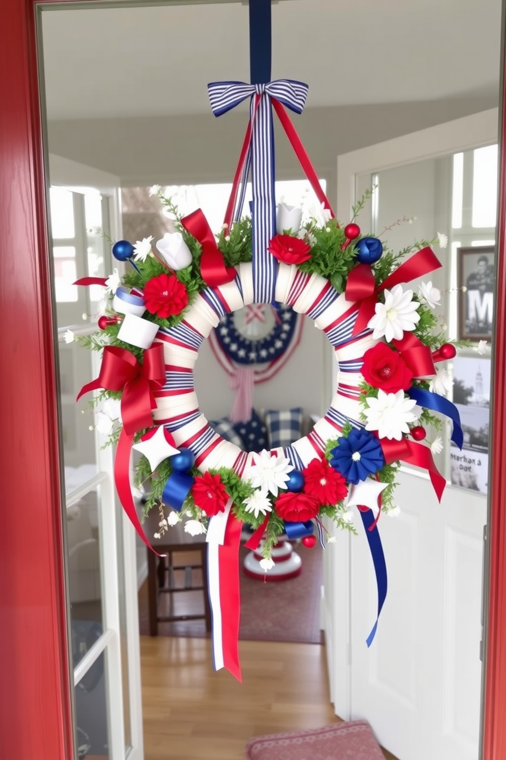 A DIY wreath adorned with red white and blue ribbons and flowers hangs on the front door. Inside the apartment, festive decorations featuring stars and stripes create a patriotic ambiance throughout the living space.