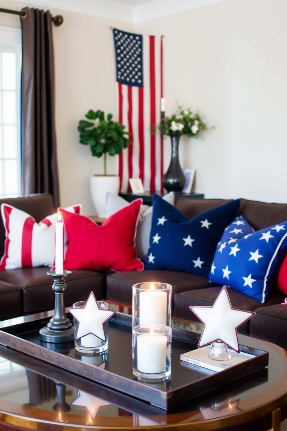 Create a cozy living room atmosphere with star-shaped candles placed on various surfaces to enhance the ambiance. Incorporate patriotic colors through decorative pillows and throws that reflect Memorial Day themes while maintaining a sophisticated look.