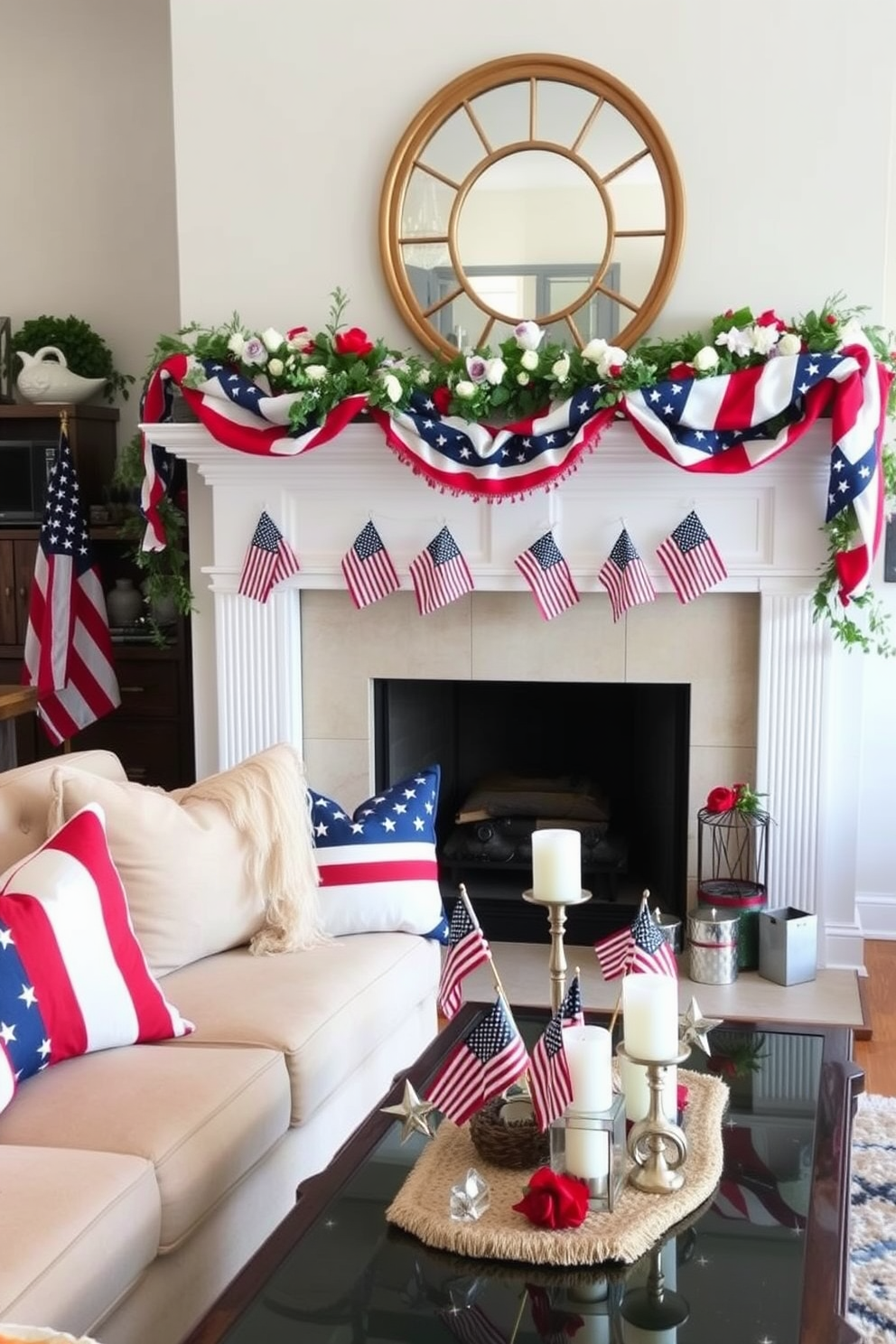 A patriotic garland drapes elegantly across the mantel, adorned with red, white, and blue elements that evoke a sense of celebration. The mantel is decorated with small American flags and seasonal flowers, creating a festive atmosphere for Memorial Day. The apartment features a cozy living area with cushions in patriotic colors scattered across the sofa. A coffee table is topped with a themed centerpiece, including candles and decorative stars, enhancing the holiday spirit.