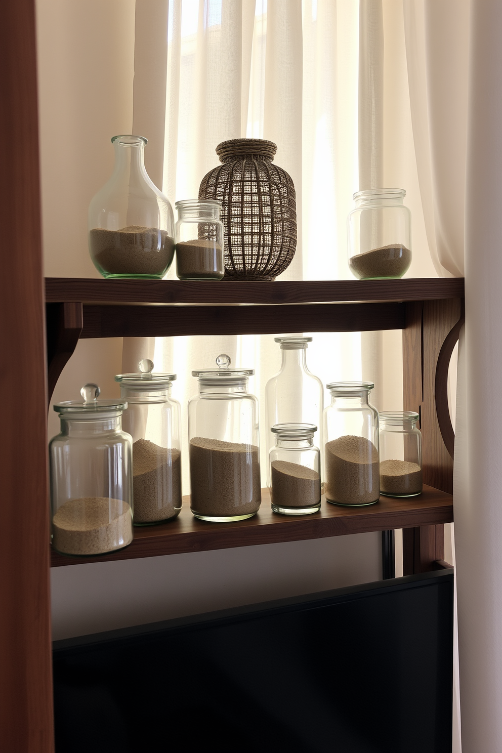 A cozy apartment setting featuring decorative jars filled with sand displayed on a rustic wooden shelf. The jars vary in size and shape, with soft natural light filtering through sheer curtains, creating a warm and inviting atmosphere.